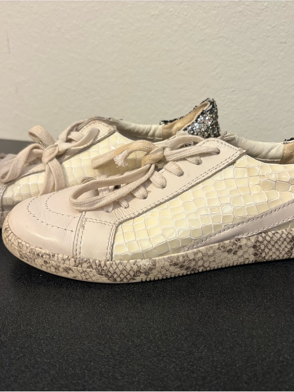 Dolce Vita Cream Croc-Embossed Sneakers with Glitter Heel Accent